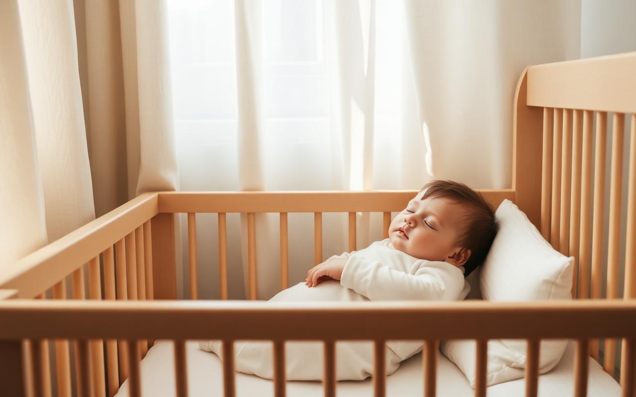 Bebê dormindo tranquilamente em um berço com luz suave de manhã
